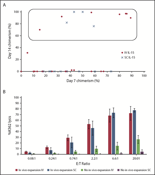 Figure 1. rhIL-15 promotes donor chimerism 14 days after haplo-NK-cell infusion with highly functional donor NK cells. (A) Percentages of peripheral blood NK-cell detectable donor chimerism at days 7 and 14 in the IV and SC rhIL-15 cohorts. (B) Cytotoxicity of K562 cells was measured using NK cells isolated from peripheral blood mononuclear cells at day 14 after haplo-NK-cell infusion from patients who successfully in vivo expanded donor NK cells vs nonexpanders. Cytotoxicity was similar in IV or SC IL-15–stimulated NK cells (not shown).