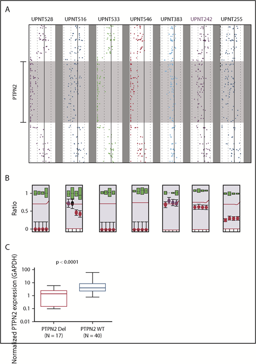 Figure 1. PTPN2 alterations. (A) PTPN2 deletions as identified by array CGH. Seven patients harboring deletions of the entire PTPN2 locus are represented. (B) Corresponding MLPA analyses. Patients UPNT516, UPNT383, UPNT242, and UPNT255 show monoallelic deletion of PTPN2, whereas patients UPNT528, UPNT533, and UPNT546 demonstrate biallelic deletions. (C) Quantitative real-time reverse transcription-polymerase chain reaction analysis of PTPN2 expression in T-ALL cases with (Del) or without (WT) PTPN2 deletion. GAPDH, glyceraldehyde-3-phosphate dehydrogenase.