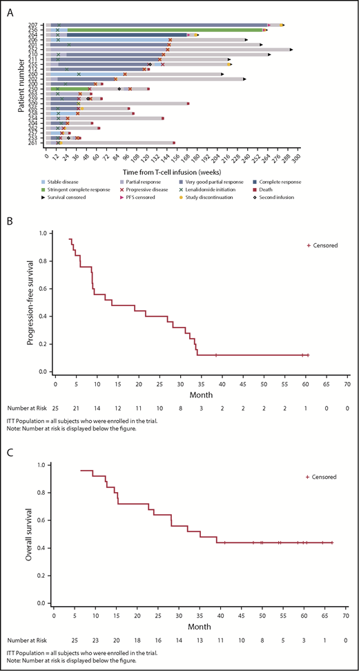 Figure 1. Clinical responses (ITT population). (A) Patient response profiles. Swimmer plot showing duration of clinical response and survival after disease progression. Patients 207, 256, and 264 were disease progression-free at more than 3 years post-NY-ESO-1c259 T-cell therapy. Day 0, ASCT; day 2, NY-ESO-1c259 T-cell infusion. (B) PFS, Kaplan-Meier plot. Surviving (censored) patients are represented by tick marks. (C) OS, Kaplan-Meier plot. Surviving (censored) patients are represented by tick marks.