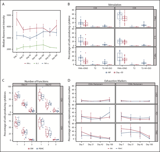 Figure 4. Functionality of NY-ESO-1 SPEAR T cells postinfusion. (A) Cytokine production: cytokine levels per cell were measured by median fluorescent intensity. Cytokines interferon γ, interleukin 2, and tumor necrosis factor α were measured by intracellular cytokine staining after antigen-specific stimulation. Data were measured in 20 of 25 patients. Line graph shows the mean and standard deviation. Median fluorescent intensity was measured from the cytokine-positive population only (ie, median fluorescent intensity values ≥2000). (B) Functional characterization by antigen-specific cytokine responses: NY-ESO-1 SPEAR T cells produced cytokine in response to antigen stimulation, the level of which correlated with the transduction percentage. Before manufacturing, and therefore, in the absence of NY-ESO-1 SPEAR T cells (ie, day –50), there was no measurable response to antigen stimulation. Transduction efficiency of manufactured product, median (range): CD8+ T cells 18.85% (5.94%-46.5%), CD4+ T cells 14.83% (2.46%-44.83%). Data were measured in 22 of 25 patients. Day –50 = baseline peripheral blood sample. Box plot shows the mean and upper and lower quartiles. (C) Polyfunctionality: the percentage of CD4+ T cells and CD8+ T cells expressing interferon γ, interleukin 2, or tumor necrosis factor α; a combination of any 2 of the 3 cytokines; or all 3 cytokines in response to ex vivo stimulation with antigen-pulsed T2 cells were evaluated in paired PBMC and BM samples from a subset of patients (n = 11). The percentage of cytokine-positive cells producing 1 or more cytokines is displayed as a percentage of all cytokine-producing cells. Box plot shows the mean and upper and lower quartiles. (D) Expression of exhaustion markers: the percentage of CD4+ pentamer+ T cells or CD8+ pentamer+ T cells were evaluated for expression of 3 exhaustion markers (LAG3, PD1, and TIM3) in paired PBMC and BM samples from a subset of patients (n = 11). Line graph shows the mean and standard deviation. MP, manufactured product; PMA-IONO, phorbol myristate acetate + ionomycin (positive control); T2, T2 cells unpulsed (negative control); T2-NY-ESO, T2 cells pulsed with NY-ESO-1 peptide.