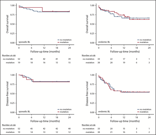 Figure 2. Survival analysis. Kaplan-Meier plots showing association of FOXO1 mutations with overall survival in sporadic BL (A) and endemic BL (B) and DFS in sporadic BL (C) and endemic BL (D).