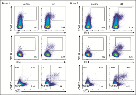 Figure 4. The IRF4-CD137 assay detects Ag-specific CD8+ T cells with low background. PBMCs were cultured with CEF peptides for 18 hours and analyzed for the expression of the indicated molecules. Frequency of IRF4+CD69+ (top panels), IRF4+CD137+ (middle panels), and CD25+CD137+ cells (bottom panels) in CD8+ T cells. Two representative results are shown.