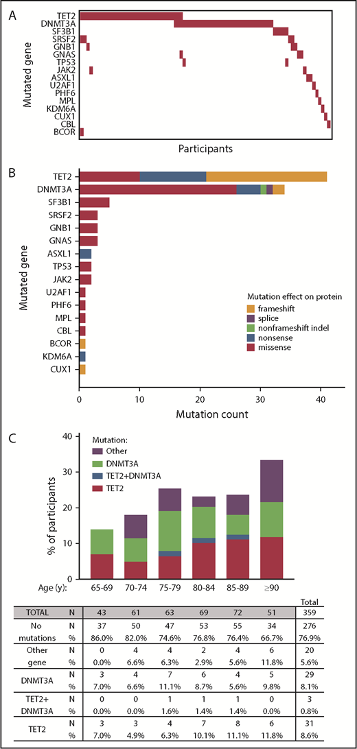 Figure 1. Detection of CH using 48-myeloid cancer gene panel. (A) Mutation profiles by participants. (B) The types of mutations and their frequencies in CH-associated genes (orange = frameshift; purple = splice site; green = non–frameshift indel; blue = nonsense; red = missense). (C) Percentage of participants with at least 1 mutation in TET2, in both TET2+DNMT3A, in DNMT3A, or only in another gene.