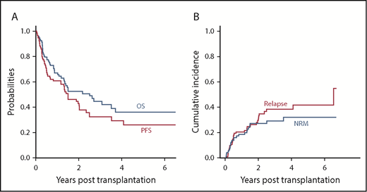 Figure 2. Outcomes of patients aged 70 and older who underwent allogeneic BMT. Kaplan-Meier curves of OS and PFS (A) and CuI of NRM and relapse (B).