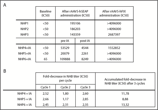 Figure 1. Reduction of anti-AAV5 NAB levels after IA procedure. (A). Levels of anti-AAV5 NAB (IC50) levels are reported at baseline (day 0), after rAAV5-hSEAP administration (day 49, NHPs 1-6), after IA (post IA, NHPs 4-6) and after rAAV5-hFIX readministration (day 77, NHPs 1-6). (B). Fold-decrease in anti-AAV5 NAB (IC50) levels measured in plasma samples taken after every cycle of the IA procedure.