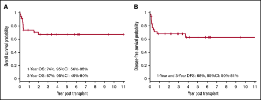 OS and DFS after allogeneic HSCT. Kaplan-Meier curve showing probabilities of OS (A) at 1 year and 3 years are 74% and 67%, respectively, and probabilities of DFS (B) at 1 year and 3 year are 68%.
