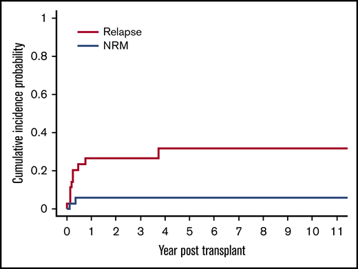 Cumulative incidence of relapse and NRM after allogeneic HSCT. The cumulative incidence of relapse was 20% (95% CI, 9% to 35%) at day 100 and 26% (95% CI, 13% to 42%) at 1 year and 3 years, respectively. The cumulative incidence of NRM was 3% (95% CI, 0.2% to 13%) at day 100 and 6% (95% CI, 1% to 17%) at 1 year, respectively.