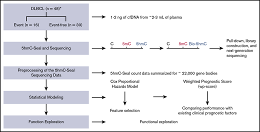 Study design and an overview of the 5hmC-Seal assay. A total of 48 cfDNA samples collected at the time of diagnosis from patients with DLBCL is included in this study. A weighted prognostic score based on the 5hmC marker genes is developed to evaluate prognosis after treatment. The 5hmC-Seal technique uses a chemical labeling strategy to sensitively profile 5hmC in cfDNA from nanogram-level DNA materials. *Clinical outcomes, including the development of clinical events (ie, relapse, death) are missing for 2 patients.