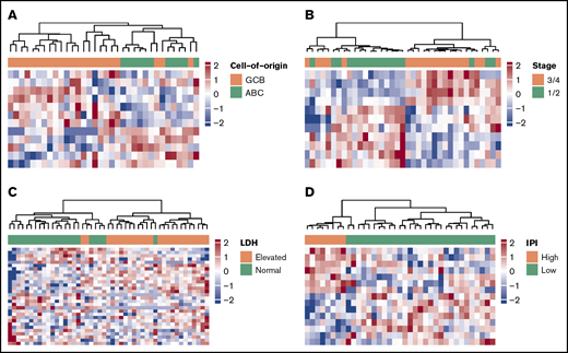 5hmC in patient-derived cfDNA differs by cell of origin and clinical characteristics. The heat maps are plotted using the final selected genes in each comparison. The 5hmC profiles in cfDNA are shown to be associated with cell of origin (GCB vs ABC, 12 genes) (A), Ann Arbor stages (1/2 vs 3/4, 11 genes) (B), LDH level (elevated vs normal, 18 genes) (C), and the IPI (low = 0/1/2 vs high = 3/4/5, 15 genes) (D).