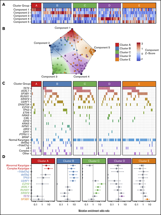 Onco-GPS defined 5 NMF components, which clustered into 5 patient groups with distinct DNAm states. (A) NMF component amplitudes (rows) are plotted for each patient (columns) by methylation cluster membership. (B) A 2-dimensional Onco-GPS map is created based on the NMF components, where each patient is represented by an individual colored dot, and each dot’s location is determined by a 2-dimensional projection of the patient’s 5 component amplitudes. (C) Five methylation clusters categorize patients (columns) with distinct genetic and cytogenetic abnormalities (rows). (D) Odds ratio of enrichment for patients with particular genetic lesions within each methylation cluster. Significantly enriched lesions (P < .05) are highlighted in color.