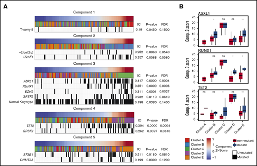 Significant associations are seen between NMF components and specific genetic lesions. Each NMF component is associated with specific genetic lesions, and these genetic profiles are unique with the exception of SRSF2 mutations associated with components 3 and 4. (A) Patient samples (columns) are plotted in order of their component amplitudes (first row, blue to red) with cluster membership (second row, colored tiles) and presence of specific genetic mutations (black tiles). P values and FDRs based on 100 000 permutations. (B) Example of how components 3 and 4 are associated with genetic lesions even in clusters that are more closely associated with different components. Box plots for component scores are plotted by cluster for patients with and without the specific lesion for the 3 most highly associated lesions. *P < .05; **P < .01. IC, information coefficient; ns, not significant.