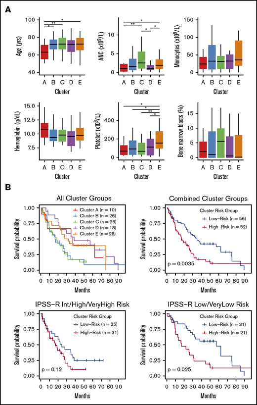 Differences in clinical features and median survival are seen between methylation clusters. (A) Median with ranges (25th to 75th percentiles) are shown for patient age, absolute neutrophil count (ANC), absolute monocyte count, hemoglobin, platelet count, and bone marrow blast percentage. Variables with significant pairwise comparisons between clusters by Wilcoxon rank-sum test are indicated. *P < .05; **P < .01. (B) Kaplan-Meier (KM) curves stratified by methylation cluster are shown for all patients with available survival data (top left). KM curves for combined cluster risk groups are shown, where the “high-risk” patients are those in clusters B and C, and the “low-risk” patients are those in clusters A, D, and E (top right). KM curves for patients with intermediate, high, or very high IPSS-R risk are stratified by cluster risk groups (bottom left), and KM curves for patients with Low or Very low IPSS-R risk are stratified by cluster risk groups (bottom right).