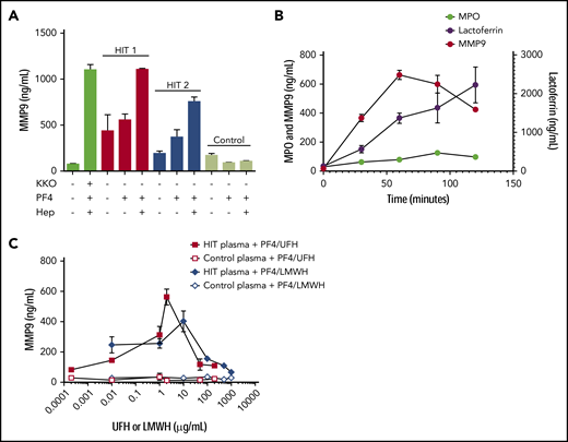 ICs containing patient-derived anti-PF4/heparin antibodies induce robust, heparin-dependent neutrophil degranulation. (A) ICs containing patient-derived anti-PF4/heparin antibodies cause MMP-9 release. Whole blood was incubated with buffer or KKO (25 µg/mL) along with PF4 (25 µg/mL) and heparin (1 U/mL), with plasma from 2 individual HIT patients (HIT1 and HIT2; 1:10 dilution), or plasma from a normal healthy donor (Control, 1:10 dilution) in the presence of buffer or PF4 with or without heparin. Released MMP-9 was measured by enzyme-linked immunosorbent assay (ELISA). Data shown are representative of whole blood from 3 healthy donors. (B) ICs containing patient-derived anti-PF4/heparin antibodies cause release of all neutrophil granule populations. Plasma from a patient with anti-PF4/heparin antibodies (diluted 1:10) was added to whole blood from a healthy donor, along with PF4 (25 µg/mL) and heparin (1 U/mL). After incubation for varying amounts of time (0-120 minutes), granules were measured in plasma. Data shown are representative of whole blood from 2 healthy donors. (C) ICs containing patient-derived anti-PF4/heparin antibodies induce heparin/LMWH-dependent neutrophil activation. Whole blood from a healthy donor was incubated with plasma from a patient with anti-PF4/heparin antibodies or with plasma from a healthy donor as a control (both at a 1:10 dilution) along with PF4 (25 µg/mL) and varying amounts of UFH or LMWH (0-1000 µg/mL). After 30 minutes, MMP-9 release was measured in plasma. Data shown are representative of whole blood from 3 healthy donors. All data are representative of at least 3 independent experiments. Results are expressed as mean ± standard deviation values for triplicate wells.