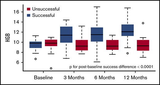 Hemoglobin levels improved significantly in successful HSCT patients at 3 months with continued smaller improvements at 6 and 12 months. In unsuccessful HSCT patients, there were no significant changes in hemoglobin levels.