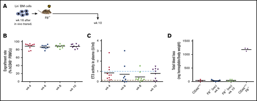 Analysis of secondary F8−/−recipients of Lin−cells from in vivo transduced hCD46+/+F8−/−mice. (A) Bone marrow Lin− cells pooled from 4 CD46+/+/F8−/− mice at week 16 after in vivo transduction (Figure 6) were transplanted into 1050 Rad irradiated F8−/− hemophilia A mice. (B) Engraftment based on the percentage of hCD46-positive peripheral blood mononuclear cells (PBMCs). (C) ET3 activity measured in plasma by Coamatic FVIII assay. Activities of 100% and 5% are indicated by dotted lines. (D) Bleeding after tail clipping analyzed at week 10 after transplantation. For comparison, “healthy” CD46+/+ and hemophilia A CD46+/+/F8−/− mice are shown. Secondary recipients were kept alive without side effects for 10 weeks.