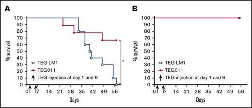 TEG011 treatment leads to efficient tumor control of K562-HLA*A24 tumors, whereas it shows no toxicity in vivo in NSG-A24 transgenic mice. NOD.Cg-Prkdc Il2rg Tg(HLA-A24)3Dvs/Sz (NSG-A24) mice were injected with 1 × 105 K562 HLA-A*24:02 Luciferase cells on day 0 followed by 1 × 107 TEG011 or LM1 transduced T cells on days 1 and 6 (n = 10 per group). In parallel, non-tumor–bearing mice also received 1 × 107 TEG011 or LM1 transduced T cells on days 1 and 6 (n = 5 per group). Overall survival of treated K562-HLA*A24 luciferase tumor-bearing mice for monitoring efficacy (A) and overall survival of non-tumor–bearing mice for monitoring toxicity (B) was recorded for 57 days. Data represent the mean ± SD of all mice in each group. Statistical significance was calculated by log-rank (Mantel-Cox) test; *P < .05.