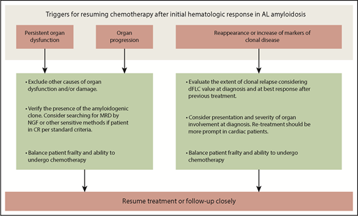 Figure 1. Clinical reasoning for starting second-line therapy after initial response to frontline therapy in AL amyloidosis. Persistent or worsening organ involvement and/or relapse of clonal disease should be the triggers for resuming therapy. Non–amyloid-related causes of organ damage and/or dysfunction should be excluded, in order to avoid unnecessary exposure to chemotherapy. The presence of clonal disease should also be verified before resuming chemotherapy. In some cases, persistence of MRD is sufficient to maintain organ disease or cause organ progression. In the absence of clinically significant organ involvement, clonal relapse should be interpreted based on disease severity and amyloid free light chain level at diagnosis. For instance, clones that were associated with cardiac involvement and those that were able to cause organ involvement at low amyloid free light chain concentration should be treated earlier. Patient’s frailty remains a key issue also at relapse in AL amyloidosis, and the decision to resume chemotherapy should be carefully balanced in light of patient performance status and expected toxicity. NGF, next-generation flow cytometry.