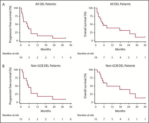 Figure 1. Kaplan-Meier estimates of PFS and OS. PFS (left panels) and OS (right panels) for all DEL patients (A) and non-GCB DEL patients (B).