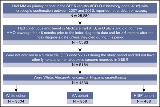 Sample selection. AA, African American; HISP, Hispanic; HMO, health maintenance organization; ICD, International Classification of Disease; ICD-O-3, International Classification of Diseases for Oncology, 3rd Edition.
