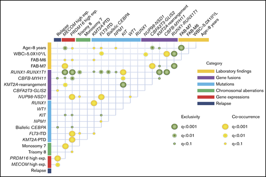 Correlations between established risk factors for pediatric AML. The diagram indicates co-occurrence or mutual exclusivity between pairs of clinical features, genetic alterations, gene expressions, and outcomes. The circles indicate that crossed factors are statistically co-occurrent (yellow) or exclusive (green).