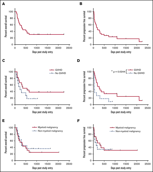 Survival. (A) Median OS, 330 days, and 2-year 31% OS at median follow-up of 1119 days. (B) Median PFS, 184 days, and 2-year 24% PFS at median follow-up of 1502 days. (C) OS stratified by occurrence of GVHD after treatment with peg-IFNα. P = .166. Median survival 460 days for GVHD and 235 for no GVHD. (D) PFS stratified by occurrence of GVHD after treatment with peg-IFNα. P = .024. Median PFS 283 days for GVHD and 43 for no GVHD. (E) OS stratified by myeloid or nonmyeloid malignancies. P = .6226. Median survival 341 days for myeloid disease and 303 for nonmyeloid. (F) PFS stratified by disease as for panel E. P = .5999. Median survival 301 days for myeloid and 134 for nonmyeloid disease. Kaplan-Meier survival curves, with P values calculated using the log-rank (Mantel-Cox) test. *P < .05.