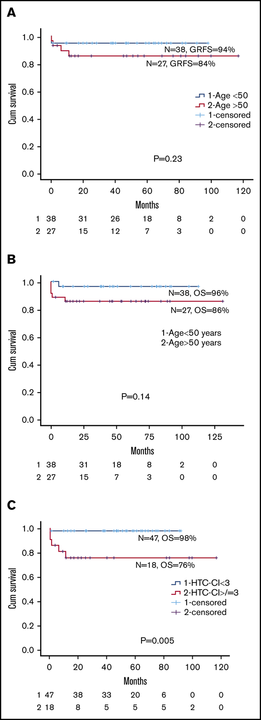 Overall survival of patients according to GRFS, age, and comorbidity index. (A) GRFS for age older than 50 vs younger than 50 years. (B) OS for age older than 50 vs younger than 50 years. (C) HCT-CI for less than 3 vs more than 3 for entire cohort