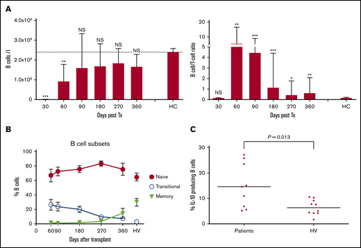 Recovery of B cells and B-cell/T-cell ratio, B-cell subsets, and potential to produce IL-10. (A) B-cell recovery (left) and B-cell/T-cell ratio recovery (right). (B) Recovery of B-cell subsets. Percentage of transitional, naive, and memory B cells. Mean and standard error of the mean are shown, and values for 11 adult healthy volunteers (HV) are indicated. (C) Percentage of IL-10-producing B cells present early (day 90) after HSCT and in healthy volunteers (HV) was determined by stimulation of PBMCs with transfected L cells expressing CD40L for 24 hours with leukocyte activation cocktail added for the last 6 hours, followed by fixation, permeabilization, and assessment of IL-10 production by B cells, using flow cytometry. Short horizontal lines indicate the median values. IL-10 production in response to stimulation with L cells expressing CD40L was at least threefold higher than background response to nontransfected L cells. Comparison between patients and healthy volunteers were performed using a 2-tailed Mann-Whitney U test. Significant differences are indicated with ***P < .0005; **P < .005; *P < .05. NS, not significant.