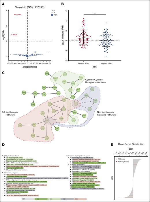 Upregulated immune response pathways are present in trametinib-sensitive samples. (A) Volcano plot displaying trametinib sensitivity according to gene from the BeatAML database with sensitive samples highlighted in red. (B) Differential CD274 expression for samples from the BeatAML database with 25% highest and 25% lowest AUC values. (C) A functional interaction (FI) network constructed for genes with correlations between transcript expression and trametinib response (AUC) >0.3 or <−0.3 and an FDR <0.01. Genes are displayed as nodes and FIs between genes as edges: solid lines are for annotated FIs, dashed lines for predicted FIs, -> for activation or catalysis, and -| for inhibition. This FI network significantly enriches many pathways, 3 of which are highlighted: Toll-like receptor pathways (FDR = 1.4E-13), cytokine-cytokine receptor interaction (FDR = 4.4E-4), and NOD-like receptor signaling pathway (FDR = 4.4E-4). (D) GSEA analysis uncovers pathways in immune systems that are significantly upregulated in trametinib-sensitive AML samples. Immune system pathways are organized into 3 categories in Reactome (https://reactome.org/PathwayBrowser/#/R-HSA-168256): Adaptive Immune Systems, Innate Immune System, and Cytokine Signaling in Immune System. (E) Distribution of correlations of gene expression and trametinib response for genes annotated in Toll-like receptor cascades (red lines) in the background for all genes, indicating the significantly skewed distribution of pathway genes on the negative correlation side. (B) Displaying 2-sided, 2-sample Student t test with unequal variances; statistically significant results displayed as: **P < .01.