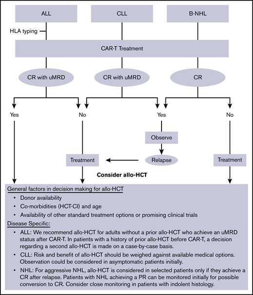 General institutional approach to utilization of allo-HCT in patients treated with CD19-targeted CAR-T therapy. PR, partial remission; uMRD, undetectable minimal residual disease.
