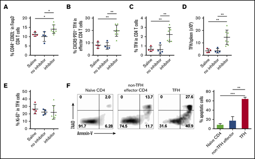 FVIII immunization increases the frequency of activated TFH cells in mice that produce inhibitors. FVIIInull mice were given 5 rounds of weekly IV FVIII immunizations. Five days after the last immunization, inhibitor titers were measured by Bethesda assay. Representative animals with inhibitors and no inhibitors were euthanized for TFH analysis. Age-matched naive FVIIInull mice were used as controls. Splenocytes were stained for CD3, CD4, CD19, CD44, CD62L, Foxp3, CXCR5, PD-1, and Ki-67, and analyzed by flow cytometry. (A) Percentage of effector helper cells (CD44+CD62L−) among Foxp3−CD4 T cells in saline-injected control mice, non-inhibitor–producing mice, and inhibitor-producing mice. (B) Percentage of CXCR5+PD-1+ TFH cells among effector CD4 helper cells. (C) Percentage of activated TFH cells among total CD4 T cells. (D) Total number of activated TFH cells per spleen. (E) Percentage of Ki-67+ in activated TFH cells. (F) Representative samples and summary data (n = 4 mice per group) of apoptotic cells in naive, non-TFH effector CD4 T cells and TFH cells from FVIII-immunized mice. *P < .05; **P < .01; ***P < .001.