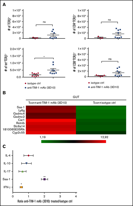 Treatment with anti–TIM-1 blocking mAb reduced inflammatory factors and infiltrating cells in the gut following HCT. (A) Absolute numbers of CD4+TCRβ+, CD8+TCRβ+, tet+TCRβ+, and CD4+CD25+Foxp3+ cells isolated at day 9 after transplantation from the gut of BALB/c recipient mice treated with isotype control (●) or anti–TIM-1 mAb (3D10) (▪). PBS-57–loaded murine CD1d tetramer was used to identify iNKT cells. Pooled data from 2 independent experiments are shown (n = 8 per group). For statistical analysis, the 2-tailed Student t test was used (*P ≤ .05). Error bars indicate SEM. (B) Microarray heatmap of whole gut cells isolated at day 9 after transplantation from BALB/c recipient mice treated with isotype control or anti–TIM-1 mAb (3D10). Representative results from 2 independent analyses are shown. Red indicates upregulated genes, and green indicates downregulated genes. Genes of interested are indicated. (C) IL-17, IL-10, IL-4, IFN-γ, and Saa-1 mRNA levels were assessed by qRT-PCR on whole cells isolated at day 9 after transplantation from gut of BALB/c recipient mice treated with isotype control or anti–TIM-1 mAb (3D10). The x-axis represents the ratio of TIM-1 to isotype control of relative gene expression normalized to the BM control. Shown are representative results in triplicate from 2 independent experiments. For statistical analysis, the 2-tailed Student t test was used (*P ≤ .05, **P ≤ .01).