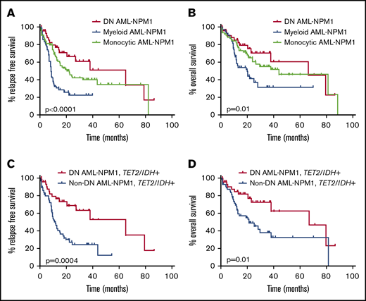 Kaplan-Meier analysis of patients with NPM1-mutated AML with different blast phenotypes who received standard induction chemotherapy. All analyses included patients who received standard induction chemotherapy (n = 172 in total). (A-B) Patients with a DN blast phenotype (n = 44) showed significantly prolonged RFS (64.7 months) (A) and OS (66.5 months) (B). Patients in the myeloid group (n = 55) showed significantly shortened RFS (8.4 months) and OS (20.2 months), with patients with a monocytic phenotype (n = 77) showing intermediate RFS (20.6 months; P < .0001 comparing all 3 groups) and OS (44.3 months; P = .01 comparing all 3 groups). (C-D) Looking specifically at patients harboring TET2 or IDH1/2 comutations, patients with a DN blast phenotype (n = 42) showed significantly prolonged RFS (64.7 vs 11.0 months; P = .0004) (C) and OS (66.5 vs 21.3 months; P = .01) (D), compared with patients lacking a DN phenotype (n = 54).