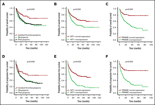 OS and PFS of patients with MDS according to cytopenia lines and WT1/PRAME transcript levels. OS (A) and PFS (D) of patients with MDS based on cytopenia lines. OS (B) and PFS (E) of patients with MDS based on the presence and absence of WT1 high expression. OS (C) and PFS (F) of patients with MDS based on the presence and absence of PRAME high expression.