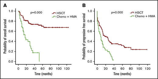 OS and PFS of patients with MDS with thrombocytopenia according to treatment. OS (A) and PFS (B) for the 174 patients with MDS, respectively.