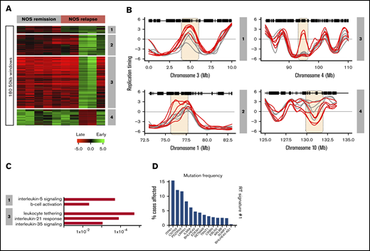 RT signatures of NOS patient relapse. Sixty NOS samples (30 relapse; 30 remission) were obtained from the Children’s Oncology Group (COG). Many of these samples were nonviable and had to be analyzed by the Repli-capture-seq S/G1 method (Figure 2), which frequently yielded a low signal-to-noise ratio. The 5 highest-quality relapse and remission samples (based on their correlation to normal B cells) were subjected to hierarchical clustering to identify RT signatures. (A) Four RT signatures distinguish patients with relapse from those in remission. Signature 1 includes all relapses, 2 includes only 3 relapses, and 3 and 4 are specific for 2 relapses. (B) RT profiles of each signature shown in panel A. (C) Ontology analysis of RT signatures shown in panel A. (D) Mutation frequencies for the genes in RT signature 1 shown in panel A. Mutation frequencies were obtained from the National Cancer Institute Genomic Data Commons Data Portal.45