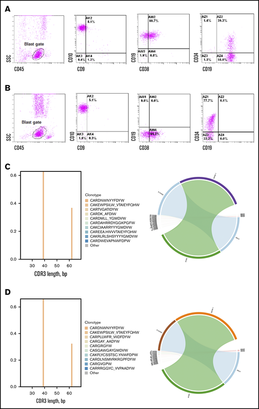 Immunophenotypic and clonotypic comparison of representative CD19–recurrence. Immunophenotype of blasts pre-CAR (A) and 3 months after CAR MRD (B) from HP-15 showed complete loss of CD19. Immune repertoire analysis of IgH variable (V) region revealed identical CDR3 sequences (CARNWNYYFDYW) and identical VJ family usage (V6-1 J-4) in pre-CAR B-ALL (C) and post-CAR CD19– leukemia (D) from HP-78.