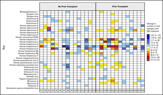 The net change in viral epitopes to which serum IgG antibodies were directed. For each participant depicted in a column, the panels are colored according to the change in the number of epitopes (range indicated in the legend) recognized by IgG for a given virus (indicated in rows) between the pre– and last post–CD19-CARTx samples. The participants are grouped by prior HCT status. Empty cells indicate that the participant did not have any IgG directed against an epitope for a given virus in the pre– and post–CD19-CARTx samples or that there was only a change of 1 epitope recognition. This figure includes data for 28 participants with serum sample results from both the pre– and post–CD19-CARTx time periods; 2 participants who did not have data for both periods were excluded. Participant 8 had the greatest losses in IgG responses to specific viruses and viral epitopes. There were no distinct clinical features of this individual who had NHL, did not receive a prior HCT, received dose level 2 of CAR T cells with cyclophosphamide and fludarabine conditioning, had grade 1 CRS, never received IVIG, never had a total IgG concentration <400 mg/dL, and had 1 mild upper respiratory tract infection after CARTx.