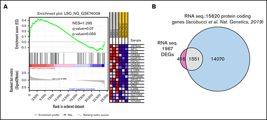 Genes upregulated in the RNA-Seq analysis of Cdx4 transduced murine HSPCs show an enrichment of AML LSC signature genes and overlap with protein coding genes in human AEL. (A) GSEA analysis based on RNA-Seq of Cdx4 transduced HSPCs, showing enrichment of human LSC signature.27 Right, upregulated genes significantly enriched for the human LSC signature are shown as heat map. (B) Venn diagram representing the overlap of the DEGs on Cdx4 overexpression (P < .05) with published RNA sequencing data (protein coding genes) in human patients with AEL.5 NES, normalized enrichment score.