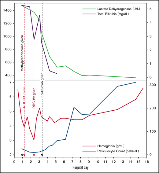 Trends in laboratory findings. Black dashed lines refer to administration of methylprednisolone (first black dashed line) and eculizumab (second black dashed line). Red dashed lines refer to administration of 10 mL/kg warmed PRBC transfusion.