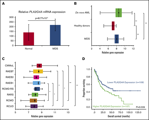 PLA2G4A expression in MDS and impact on survival. (A) Relative PLA2G4A gene expression using the National Center for Biotechnology Information GEO data set, GDS3795 showing significantly higher gene expression in MDS case subjects compared with control subjects. (B) Relative PLA2G4A gene expression using the NTUH independent data set confirming significantly higher PLA2G4A gene expression in MDS case subjects compared with control subjects. (C) Higher PLA2G4A gene expression is associated with higher risk disease subtypes in RAEB1, RAEB2, and RAEB-T. (D) Kaplan-Meier plot showing that lower PLA2G4A gene expression is associated with improved overall survival. Error bars represent mean ± standard error. *P < .005, **P < .0001.