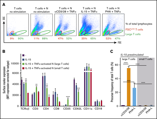 Suppressive activity of neutrophils (N) results in a population of small nonresponsive T cells. (A) Gating of FSClow (red) and large (green) T cells on FSC/SSC plots of (representative) flow cytometric analysis of purified T cells cultured with or without neutrophils in the presence of IL-15 and TNF-α (n = 3). (B) The surface marker expression of indicated proteins was measured by flow cytometric analysis of unstimulated T cells (purple bars), T cells stimulated for 2 days with IL-15 (blue bars), and T cells stimulated for 2 days with IL-15 in the presence of activated neutrophils. The latter T cells were separated into large (green bars) and small (red bars) groups (n = 3). (C) T cells cultured for 2 days in the presence of IL-15 and TNF-α–activated neutrophils were sorted into small and large T cells and cultured separately in the presence of anti-CD3/CD28 antibodies or phytohemagglutinin-L (PHA-L). Cells were harvested after 4 to 6 days and were analyzed by flow cytometry for CFSE dilution (n = 5-9). Error bars indicate SEM. ****P < .0001; ***P < .001; **P < .01; *P < .05.