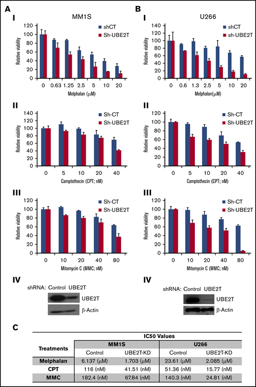 UBE2T-deficient MM cells are sensitive to DNA-damaging agents. (A-B) The MM cell lines MM1S (A) and U266 (B) were transduced with control shRNA (Sh-CT) or those targeting UBE2T (Sh-UBE2T) and cultured in the presence of indicated agents at the indicated doses. Cell viability was measured as described in “Methods.” Mean viability ± standard error of the mean is shown for 3 replicate experiments normalized to untreated controls. Western blots confirming UBE2T knockdown in MM1S and U266 cells are shown as panel IV in each figure. (C) Table showing 50% inhibitory concentration (IC50) values for the cytotoxicity of DNA-breaking agents in control and UBE2T-knockdown (UBE2T-KD) myeloma cells.