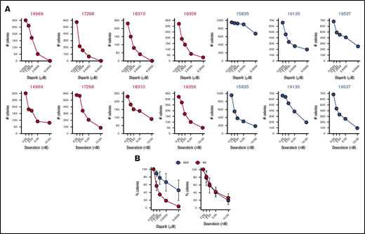 c-KITmut is associated with resistance to the PARPi olaparib, but not to doxorubicin, in AML1-ETO–positiveAMLs. Clonogenic potential of Lin−CD34+ cells from AML patients harboring AML1-ETO (AE) or AML1-ETO + c-KITmut (AEK) and treated with the indicated concentrations of olaparib or doxorubicin. (A) Mean number of colonies from individual samples tested in triplicates. (B) Mean percentage ± standard deviation of colonies compared with untreated counterparts from the samples harboring the same mutations.
