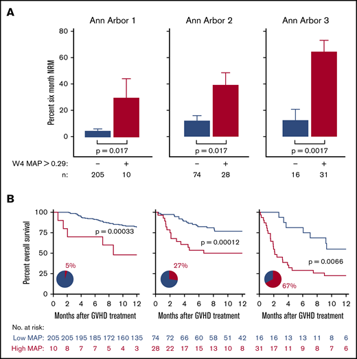Long-term mortality by MAP threshold (0.290) after 4 weeks of treatment. (A) Crude proportions of 6-month nonrelapse mortality (± standard error) and (B) Kaplan-Meier estimates of overall survival according to Ann Arbor score for patients whose MAP after 4 weeks of treatment rose/remained above (red line) or fell/remained below (blue line) the threshold of 0.290. Ann Arbor scores were determined as in Figure 3.
