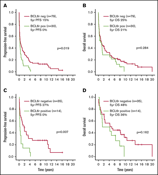 Outcomes according to the presence of BCL6 rearrangements (BCL6r). PFS (A) and OS (B) in the entire cohort. PFS (C) and OS (D) in the HDMTX subgroup.