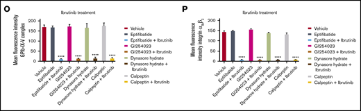 Ibrutinib treatment leads to loss of GPIbα, GPIX, and integrin αIIbβ3, but not GPVI, GPV, or GPIbβ from the platelet surface in a time- and dose-dependent manner. (A-K) Washed human platelets (100 × 109/L) were incubated to determine dose response (dose range, 0.1-1.0 µM) of ibrutinib or zanubrutinib or vehicle control for 5, 10, 30, and 60 minutes at room temperature (RT). The platelets were then labeled with anti-human CD42a (GPIX), anti-human CD42b (GPIbα), anti-human CD41a (integrin αIIb), anti-human CD61 (integrin β3), anti-human GPIbβ (CD42c), or anti-human GPVI PE-conjugated antibodies or anti-human GPV (CD42d) APC-conjugated antibodies. (L-N) Washed human platelets (100 × 109/L) were incubated with 100 µM GM6001 or 100 µM TAPI-2 for 2 hours at 37°C, followed by 0.5 µM ibrutinib treatment for 60 minutes at RT. The platelets were then labeled with anti-human CD42b, anti-human CD42a, or anti-human CD41a PE-conjugated antibodies. (O-P) Washed human platelets (100 × 109/L) were incubated with 100 µM GI254023, 100 µM calpeptin, 100 µM eptifibatide, or 100 µM Dynasore hydrate for 2 hours at 37°C followed by 0.5 µM ibrutinib treatment for 60 minutes at RT. The platelets were then labeled with anti-human CD42b or anti-human CD41a PE-conjugated antibodies. Flow cytometric analysis was used to determine the expression of GPIbα or integrin αIIbβ3. Statistical analysis was performed with the unpaired Student t test. Results are expressed as mean fluorescent intensity (MFI) ± SEM from 3 independent experiments. ****P ≤ .0001.