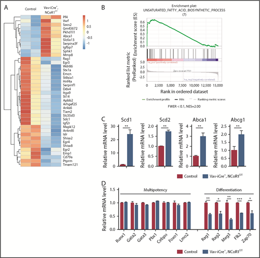 Figure 5. NCoR1 deletion changes the gene-expression profile. (A) Heat map depicting a portion of significantly dysregulated genes in Vav-iCre+, NCoR1f/f LSK cells compared with control LSK cells (fold change > 2; false discovery rate < 0.05). See also supplemental Table 1. (B) Gene set enrichment analysis of control and Vav-iCre+, NCoR1f/f LSK cells. (C) Relative expression levels of Scd1, Scd2, Abca1, and Abcg1 in control and Vav-iCre+, NCoR1f/f LSK cells, as measured by real-time PCR (n = 3). mRNA levels were normalized to Gapdh expression. (D) Relative expression levels of select multipotency and differentiation genes in control and Vav-iCre+, NCoR1f/f LSK cells measured by real-time PCR analysis (n = 3). mRNA levels were normalized to Gapdh expression. *P < .05, **P < .01, ***P < .001. FWER, family wise error rate; NES, normalized enrichment score.