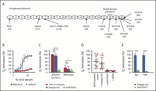 Figure 3. Anti-FH.07 restores complement regulation in aHUS patient serum on ES. (A) Schematic representation of the 20 CCP domains of FH with the location of the heterozygous mutations of each of the aHUS patients (numbered 1 to 11), as well as the domain targeted with anti-FH.07. (B) Incubation of ES with serum from an aHUS patient carrying a heterozygous mutation in CFH (n = 2) or a serum pool from healthy individuals (NHS pool, n = 3). Hemolysis was measured at 412 nm and corrected for background at 690 nm. The hemolysis observed by incubation of ES with 0.6% (wt/vol) saponin was set to 100%. (C) Addition of anti-FH.07 or an isotype control to 10% (vol/vol) serum of aHUS #1 or a NHS pool (n = 4). (D) Hemolysis observed in 11 aHUS sera (10%, vol/vol) with different CFH mutations before and after addition of anti-FH.07 or an isotype control; numbers correspond to the aHUS patient number in panel A. Addition of EDTA serves as the negative control of ES lysis. Each point represents the mean of duplicates of a single experiment, and red lines indicate overall mean with standard deviation. (E) Comparison of the effect intact IgG and Fab′ fragments from a control IgG mAb and anti-FH.07 in the ES hemolytic assay performed with 10% (vol/vol) aHUS#1 serum. Data in panels C-E are presented as mean with standard deviation. *P < .05, ****P < .0001, 2-way ANOVA.