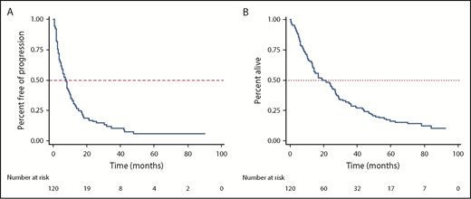 Figure 2. Survival outcomes. (A) PFS. Median PFS was 7.67 months (95% CI, 5.6, 9.5). (B) OS. Median OS was 19.2 months (95% CI, 14.2, 26.7).