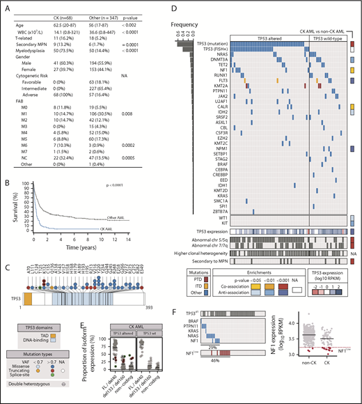 Figure 1. Clinical and genetic characteristics of CK AML cohort. (A) Clinical characteristics of CK and non-CK AML cohorts. (B) Patient survival comparing CK AML (n = 68) vs non-CK AML (n = 347). All patients with available survival data are represented, including those not treated with intensive chemotherapy. (C) Primary structure of TP53 and positions of mutations. (D) Mutations identified in CK AML. Each column represents a patient sample. CK AML samples are grouped according to their TP53 alteration status: altered (mutated and/or abnormal FISH) or not altered (no mutation and no deletion by FISH). Bar graph on the left indicates mutation frequency, and column on the right provides the enrichment for a mutation in CK vs non-CK cohorts. (E) TP53 isoform expression in CK AML. (F) Analysis of mutations in genes involved in the RAS pathway. CK samples with NF1 expression below the first percentile of control AML, designated by the dotted line, were considered to have low NF1 expression. P values are based on 2-tailed Fisher's exact test or on Wilcoxon rank-sum test. FAB, French-American-British; FL, full-length; ITD, internal tandem duplication; MPN, myeloproliferative neoplasm; NA, not applicable; NC, not classified; PTD, partial tandem duplication; RPKM, reads per kilobase million; TAD, transactivating domain; T-AML, therapy-related acute myeloid leukemia; WBC, white blood cell counts.